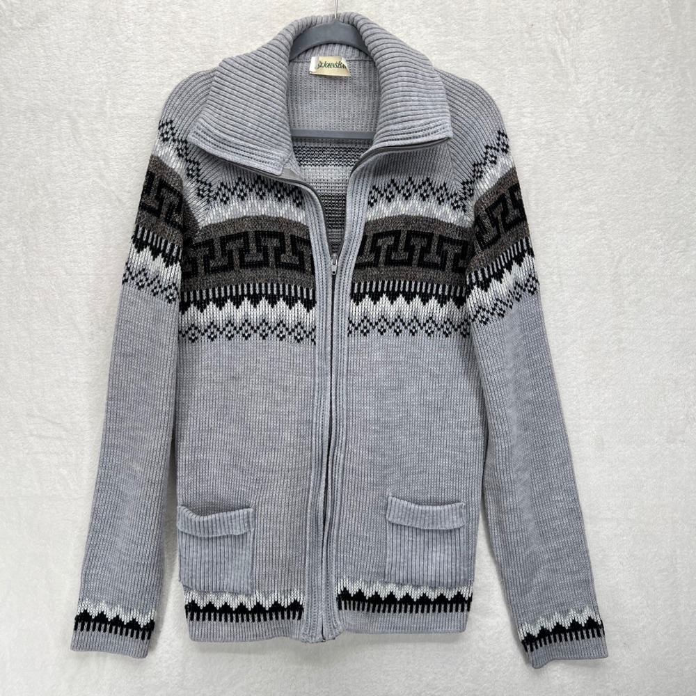 VTG USA St John's Bay Grandpa Cardigan Sweater Full Zip Aztec‎ Retro Gray Chunky